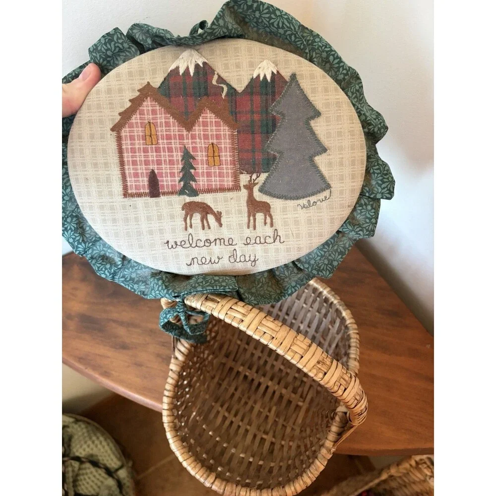 Cabin Wicker Sewing Basket w/ Handle, Fabric Lid 